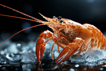 Overhead photo of seafood prawns laid out on ice in cool tones.の素材