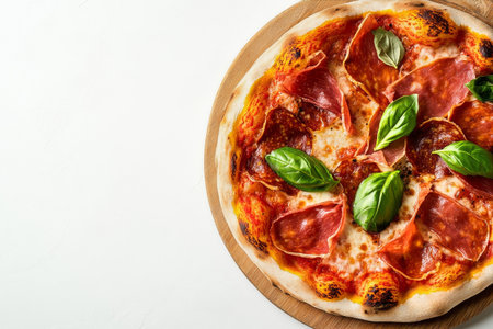 Single slice of prosciutto pizza on a white plate with basil garnish.の素材