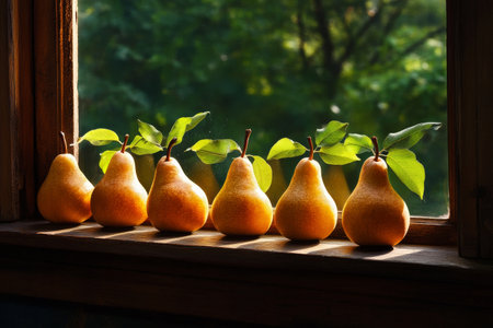 Artistic pear lineup with shadows on a clean windowsill.の素材