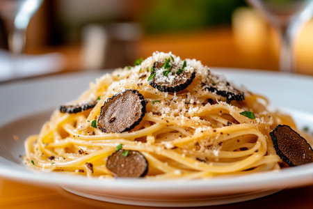 Close-up of creamy truffle pasta with cheese and herbs in fine dining.の素材