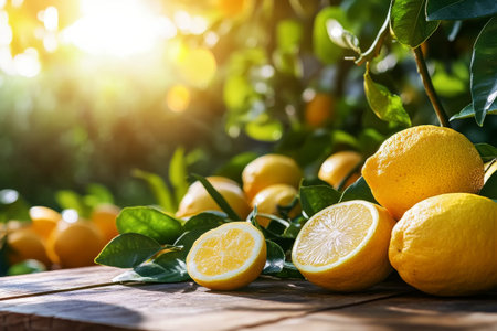 Cut lemon and whole lemons displayed in bright natural sunlight on rustic surface.の素材