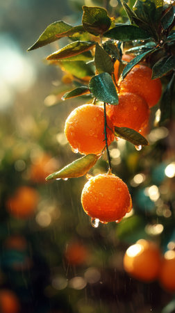 Close-up of ripe oranges hanging on a leafy green tree branch.の素材