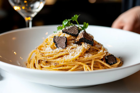 Top view of white pasta served with truffle shavings and sauce.の素材