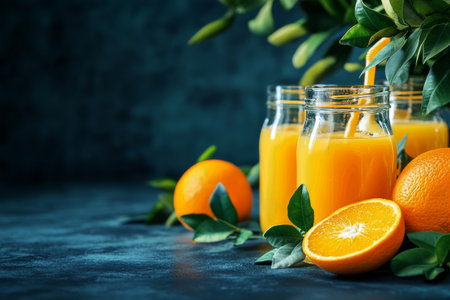 Several glass jars filled with fresh orange juice placed on a white table.の素材