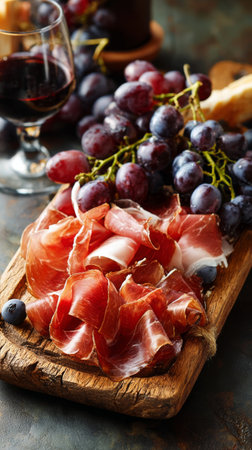 Close-up of sliced prosciutto with grapes and rosemary for rustic meal.の素材