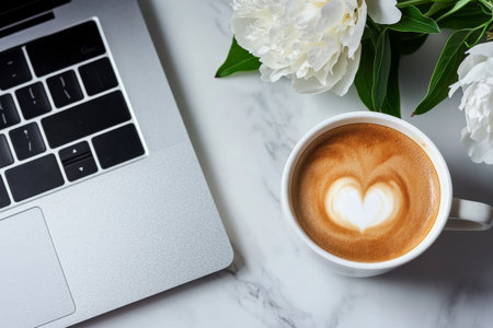 A warm cup of coffee with a heart-shaped design sits next to a laptop and fresh white flowers on a marble surface, creating a cozy workspace atmosphere.の素材