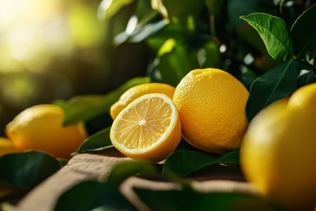 Bright yellow lemons are arranged on a wooden surface, accompanied by lush green leaves. Sunlight filters through, creating a warm and inviting atmosphere in the afternoon.の素材
