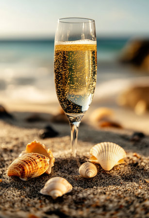 A glass of sparkling champagne is placed in soft sand, surrounded by various seashells. The warm glow of sunset creates a serene and festive atmosphere at the beach.の素材
