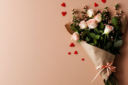 A romantic bouquet soft features pink and white roses wrapped in brown paper, complemented by small red hearts scattered around, perfect for celebrations.の素材