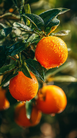 Oranges with droplets of water cling to lush green leaves in an orchard. The bright fruits glow under the warm afternoon sun, showcasing natures bounty.の素材