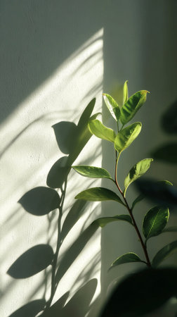 Sunlight casts intricate shadows from a green plant onto a textured wall, creating a serene ambiance in a cozy interior space during the afternoon.の素材