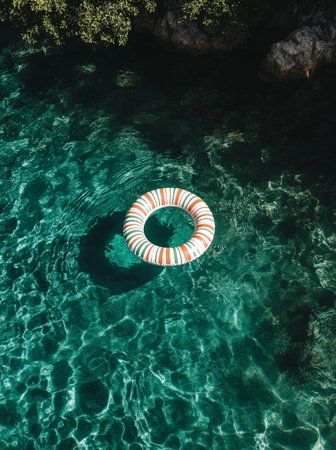 A bright orange and white lifesaver ring floats peacefully in the clear turquoise water of a swimming pool under the sun. The ripples create beautiful reflections.の素材