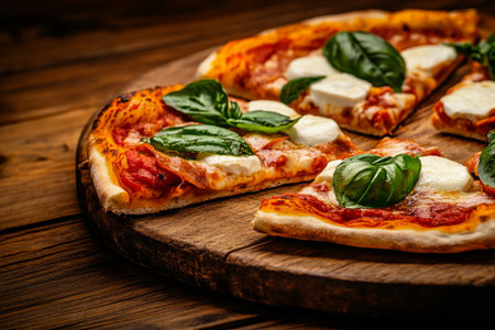 Four slices of pizza are arranged on a wooden pizza board, featuring melted mozzarella cheese and fresh basil leaves. The rustic wooden table adds warmth to the arrangement.の素材