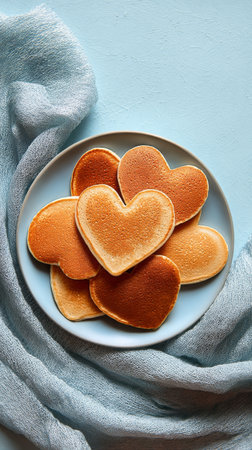 A plate displays several heart-shaped pancakes arranged beautifully. The soft background fabric enhances the warm colors of the pancakes, creating a cozy and inviting atmosphere.の素材