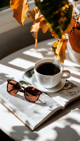 A cup of dark coffee rests on a white saucer next to an open book. Nearby, sunglasses and autumn leaves add a cozy touch to the sunlit table setting.の素材