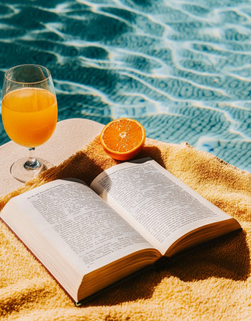 A bright yellow towel is spread out by the poolside, featuring an open book beside a glass of orange juice and a sliced orange. The water glistens under sunlight.の素材