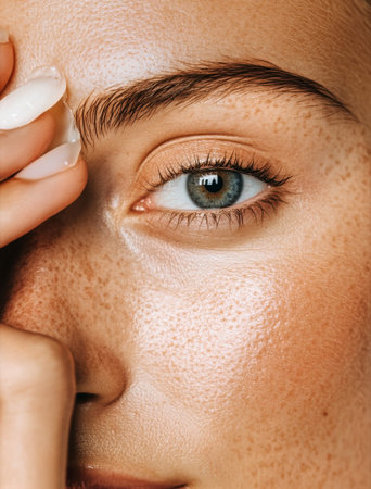 A woman gently applies cream to her brow area using her fingertip, showcasing clear skin and focused expression, illuminated by soft indoor light, emphasizing self-care routine.の素材