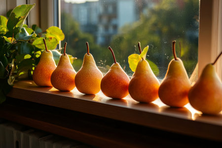 A row of ripe pears sits on a wooden windowsill, bathed in sunlight. Green leaves from a nearby plant add natural beauty to the scene, highlighting the freshness of the fruit.の素材