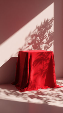 A round table covered in smooth red fabric creates a striking visual with its flowing drape. Delicate branches cast intricate shadows against the red backdrop.の素材