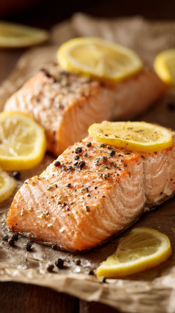 Two grilled salmon fillets sit on parchment paper, topped with lemon slices and seasoning, showing a delicious dinner option that highlights simple flavors.の素材
