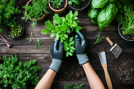 Hands in gardening gloves carefully plant herb seedlings in rich soil surrounded by various potted plants, showcasing a thriving home garden environment.の素材