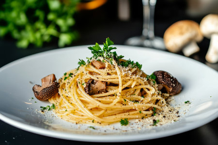 Spaghetti is twirled neatly on a white plate, topped with mushrooms and fresh herbs. The setting features a dark background, highlighting the gourmet dishes colors and textures.の素材
