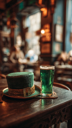 A vibrant pub setting during St Patricks Day features a glass of green beer next to a festive green hat, capturing the joyful spirit of the holiday with warm lighting.の素材