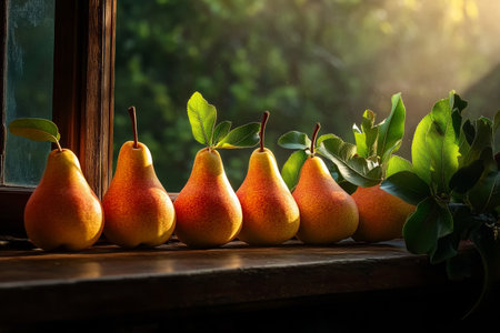 Six ripe pears with vibrant colors sit on a wooden windowsill, basking in warm sunlight as greenery softly blurs in the background, creating a peaceful atmosphere.の素材