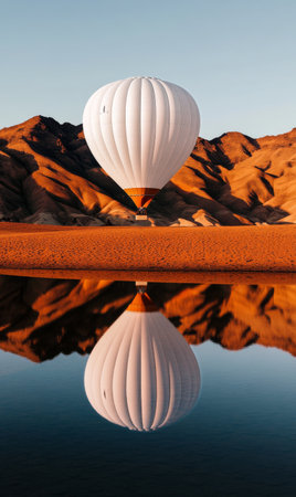 A large hot air balloon floats above a calm body of water, displaying a perfect reflection as the sun sets behind rugged mountains, creating a serene atmosphere.の素材
