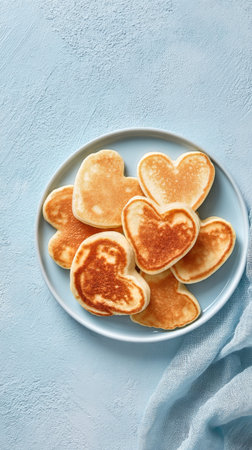 Six heart-shaped waffles are displayed on a round white plate against a soft blue background, perfect for a sweet breakfast or brunch setting.の素材