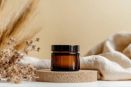 An amber glass jar sits on a cork base surrounded by dried flowers and soft fabric. The warm tones create a serene atmosphere perfect for a calming setting.の素材