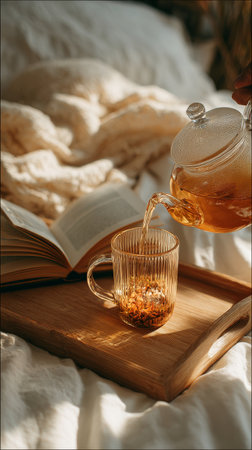 Hot herbal tea is being poured into a clear glass cup from a teapot, with an open book resting on a wooden tray in a warm, inviting atmosphere.の素材