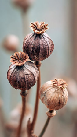 Dried poppy seed pods stand tall with intricate details, showing their unique shapes. The soft, blurred background enhances the natural beauty and earthy tones of the scene.の素材