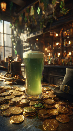 A tall glass of vibrant green beer sits on a bar covered in shiny gold coins. The warm lighting and St. Patricks Day decorations create a joyful atmosphere for celebration.の素材