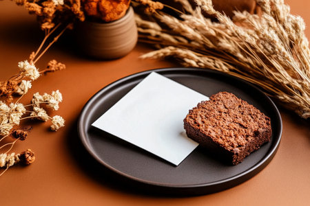 A blank card rests on a brown plate surrounded by dried flowers on an orange fabric. The warm tones create a cozy atmosphere perfect for artistic or decorative purposes.の素材