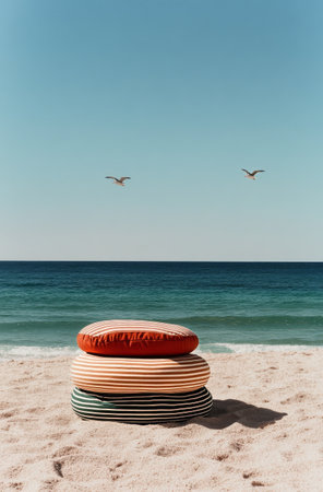 Stacked striped and solid color cushions rest on the sandy shore while seagulls fly above, showcasing a calm beach atmosphere during mid-day with a clear blue sky.の素材