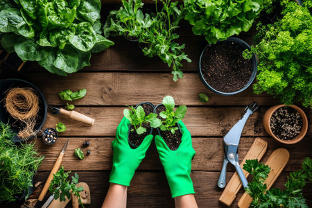Two hands wearing green gloves hold seedlings ready for planting amidst pots of herbs and various gardening tools on a rustic wooden surface.の素材