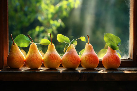 Six ripe pears with vibrant colors sit on a wooden windowsill, basking in warm sunlight as greenery softly blurs in the background, creating a peaceful atmosphere.の素材