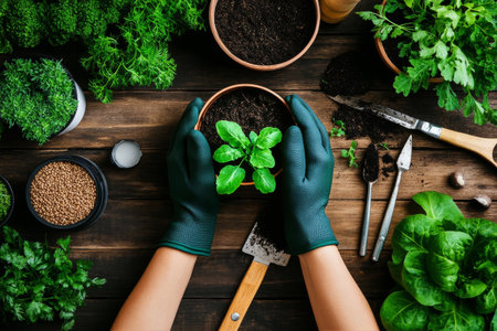 Hands in gardening gloves carefully plant herb seedlings in rich soil surrounded by various potted plants, showcasing a thriving home garden environment.の素材