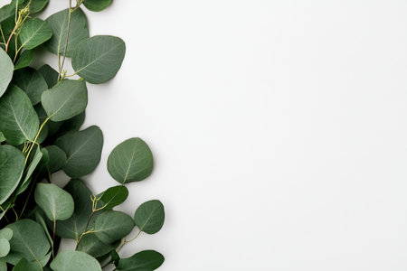 Fresh green leaves are artistically arranged on a plain background, providing a natural touch for creative projects or decoration ideas, perfect for invitations or branding.の素材