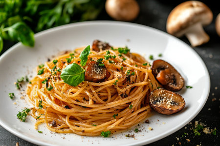 A plate of spaghetti topped with sauted mushrooms and fresh herbs is garnished with a basil leaf. The dish is presented on a dark background, highlighting its flavor.の素材