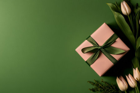 A beautifully wrapped gift box with a green ribbon sits next to fresh flowers on a green background, perfect for celebrations and presents.の素材