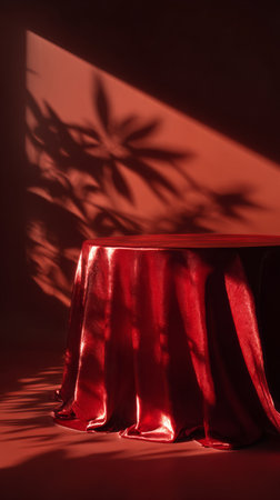 A rectangular table covered with rich red fabric stands against a light wall, as bamboo leaves cast intricate shadows, creating an artistic presentation in the room.の素材