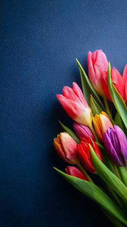 A vibrant bouquet featuring tulips in shades of pink, red, and orange is arranged against a deep dark background, showing their natural beauty and elegant petals.の素材