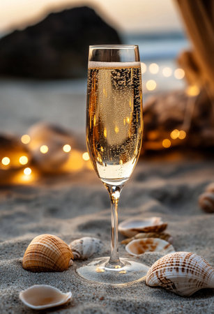 A glass filled with sparkling beverage stands on sandy ground amidst seashells and lush foliage during a cozy evening gathering.の素材