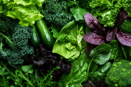A diverse selection of fresh green vegetables including lettuce, kale, and broccoli arranged neatly, showing off their vibrant colors and textures, perfect for healthy meals.の素材