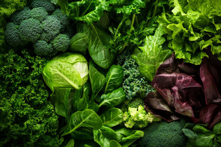 A variety of greens is arranged on a wooden surface. The collection includes broccoli, spinach, kale, and multiple types of lettuce. The vibrant colors highlight freshness.の素材