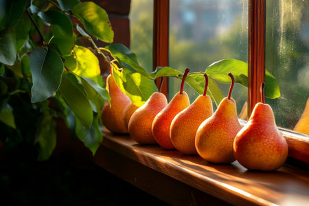 A row of ripe pears sits on a wooden windowsill, bathed in sunlight. Green leaves from a nearby plant add natural beauty to the scene, highlighting the freshness of the fruit.の素材