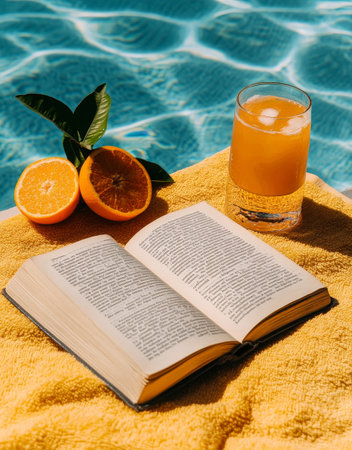 A bright yellow towel is spread out by the poolside, featuring an open book beside a glass of orange juice and a sliced orange. The water glistens under sunlight.の素材