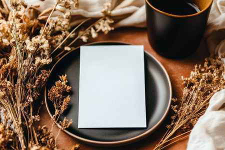 A blank card rests on a dark plate surrounded by dried flowers and a dark cup filled with liquid on a rustic wooden table, evoking a cozy and warm atmosphere.の素材